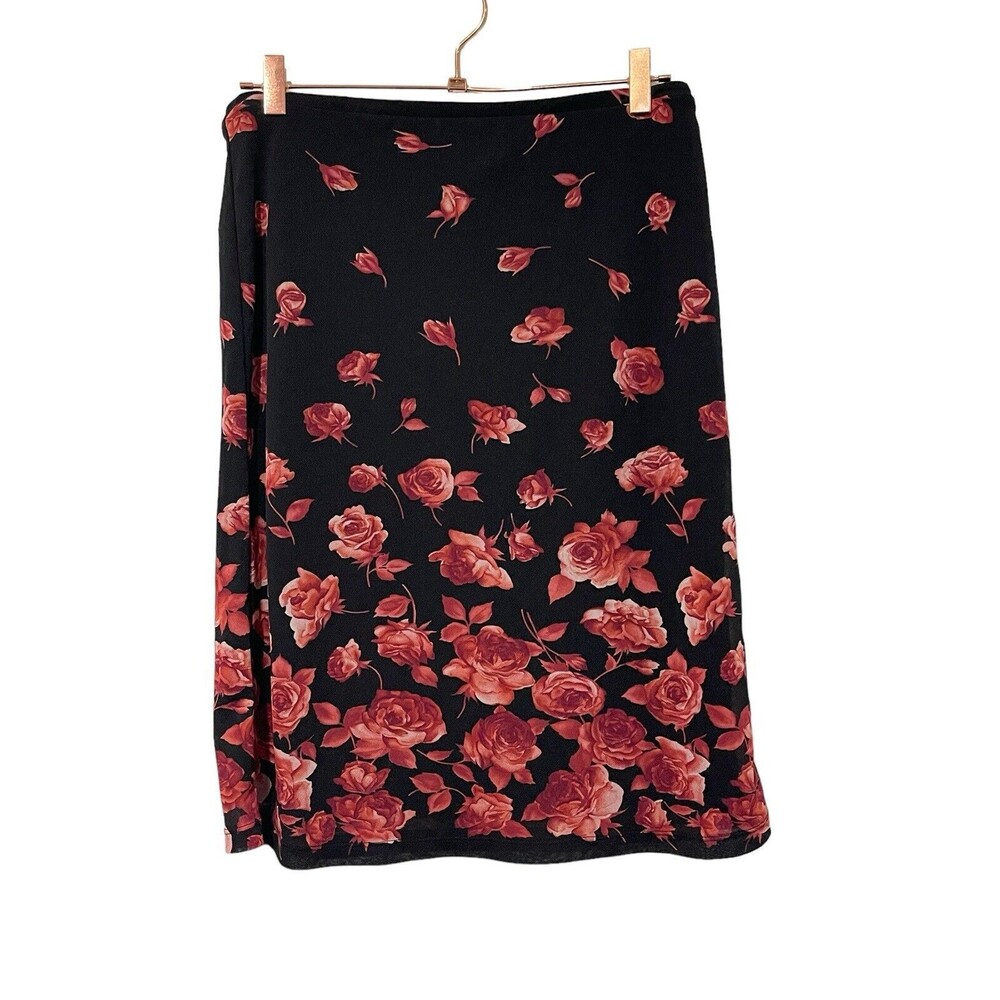 Express Black With Red Roses‎ Midi Skirt Size Large